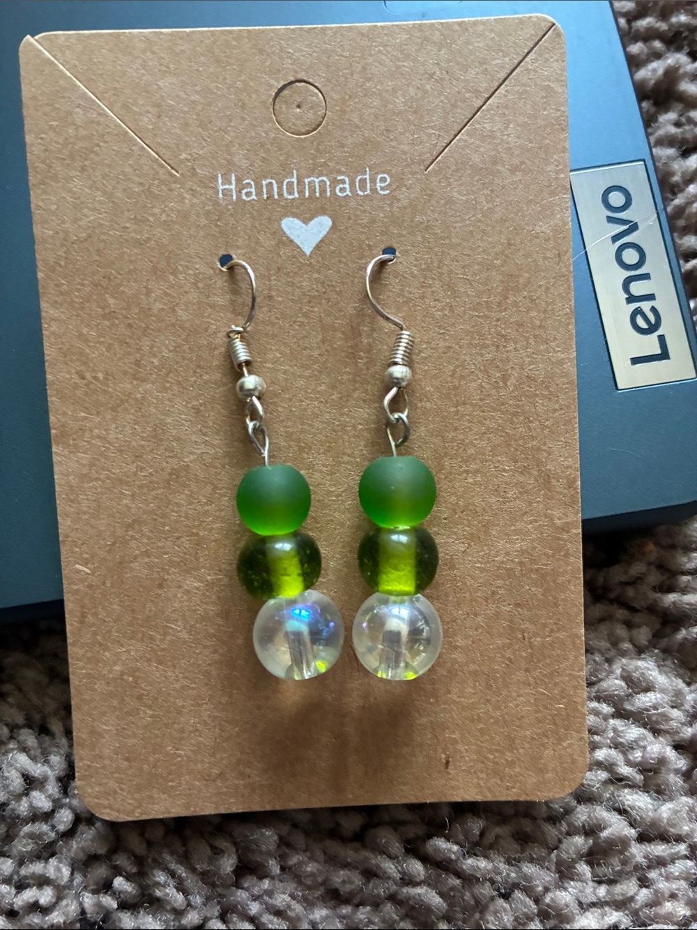 3 Pairs of Green Bead Drop Earrings with Iridescent Accent